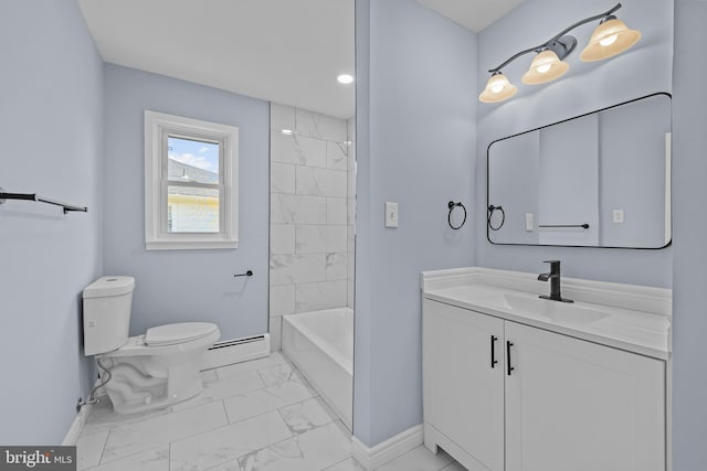 321 Curacao St, Toms River, NJ 08757 - bathroom with marble finish floors, vanity, a baseboard heating unit, shower / washtub combination, and recessed lighting