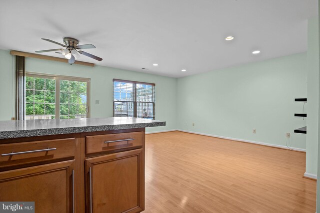 723 Dell Ct, Southampton, PA 18966 - kitchen with ceiling fan, light wood-type flooring, brown cabinetry, recessed lighting, and open floor plan
