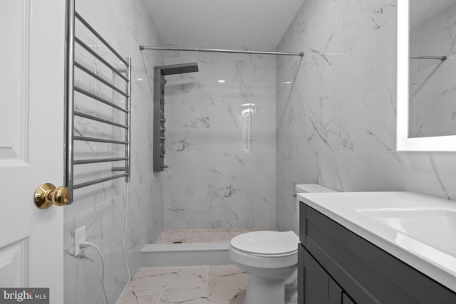 723 Dell Ct, Southampton, PA 18966 - full bath with vanity, marble look tiles, a marble finish shower, a towel warming rack, and tile walls