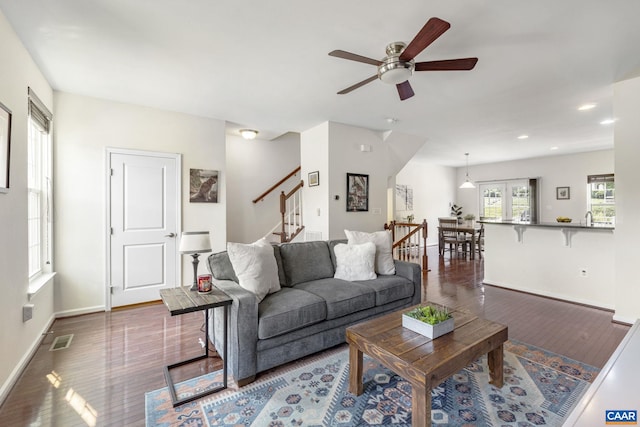 2159 Whispering Hollow Ln, Charlottesville, VA 22911 - living room with ceiling fan, wood finished floors, stairway, and recessed lighting