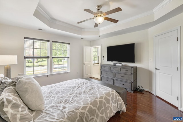 2159 Whispering Hollow Ln, Charlottesville, VA 22911 - bedroom featuring dark wood finished floors, crown molding, a raised ceiling, and ceiling fan