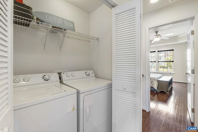 2159 Whispering Hollow Ln, Charlottesville, VA 22911 - laundry room featuring independent washer and dryer, a ceiling fan, and dark wood-type flooring