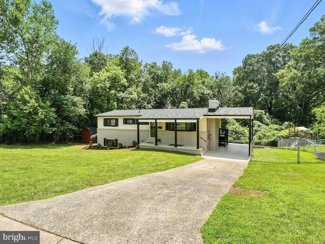 4501 Tipton Ln, Alexandria, VA 22310 - view of front of home featuring concrete driveway, a carport, a chimney, a porch, and a shingled roof
