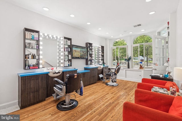 932 Locust St, Philadelphia, PA 19107 - office space with wood finished floors, a dry bar, and recessed lighting
