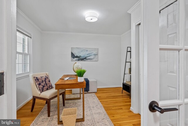 8700 Bluedale St, Alexandria, VA 22308 - office area featuring light wood-style flooring, radiator, and ornamental molding
