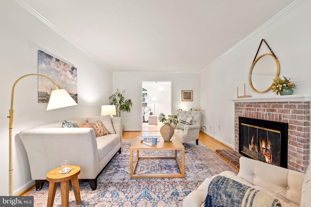 8700 Bluedale St, Alexandria, VA 22308 - living area featuring crown molding, wood finished floors, and a brick fireplace
