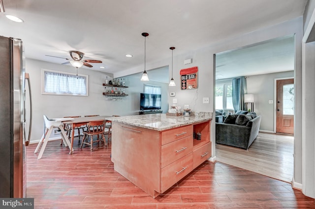 108 Strathdon Way, Lutherville Timonium, MD 21093 - kitchen with freestanding refrigerator, light wood-style floors, a ceiling fan, light brown cabinetry, and recessed lighting
