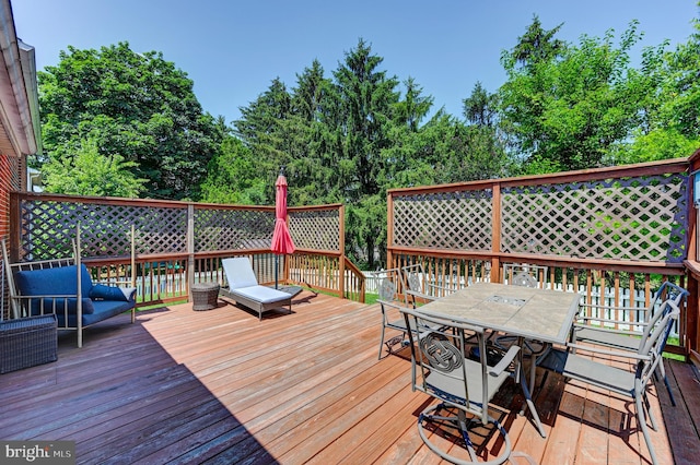 108 Strathdon Way, Lutherville Timonium, MD 21093 - wooden terrace featuring outdoor dining space and view of scattered trees