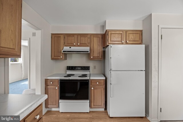 325 Tenby Chase Dr, Delran, NJ 08075 - kitchen with white appliances, under cabinet range hood, light countertops, light wood-style flooring, and brown cabinets