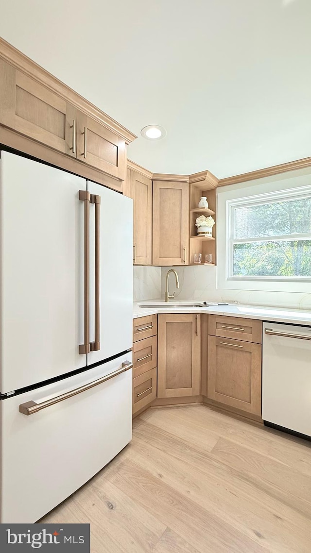 904 Man O War Ln, Great Falls, VA 22066 - kitchen featuring white appliances, light countertops, open shelves, light wood-type flooring, and recessed lighting
