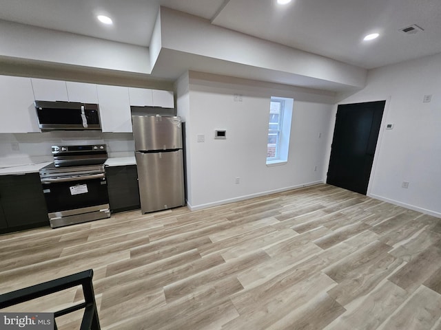 3239 N 13th St, Philadelphia, PA 19140 - kitchen featuring stainless steel appliances, light countertops, white cabinetry, light wood-type flooring, and recessed lighting