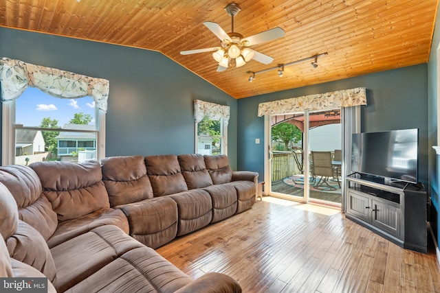 1015 Jodie Ct, Pennsburg, PA 18073 - living room with wooden ceiling, rail lighting, ceiling fan, vaulted ceiling, and hardwood / wood-style flooring