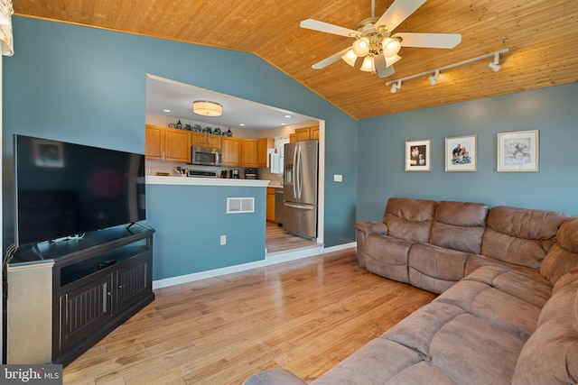 1015 Jodie Ct, Pennsburg, PA 18073 - living room with vaulted ceiling, wooden ceiling, ceiling fan, light wood-style floors, and rail lighting
