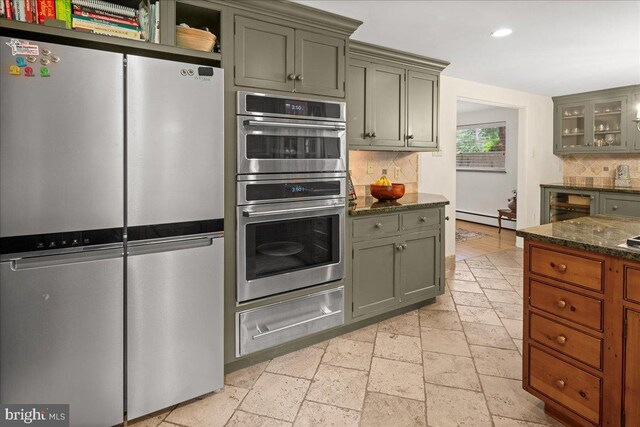 1 High Acres Dr, Ewing, NJ 08628 - kitchen with stainless steel appliances, a warming drawer, baseboard heating, decorative backsplash, and recessed lighting