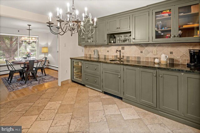 1 High Acres Dr, Ewing, NJ 08628 - bar with a chandelier, stone tile floors, wine cooler, and decorative backsplash