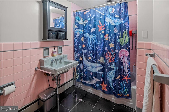 1 High Acres Dr, Ewing, NJ 08628 - bathroom featuring tile walls, wainscoting, tile patterned floors, and shower / bath combo with shower curtain