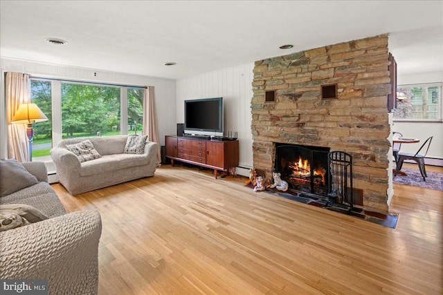 1 High Acres Dr, Ewing, NJ 08628 - living area with wood finished floors, plenty of natural light, a fireplace, and a baseboard radiator