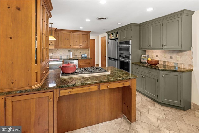 1 High Acres Dr, Ewing, NJ 08628 - kitchen featuring backsplash, stainless steel appliances, stone tile flooring, dark stone countertops, and recessed lighting