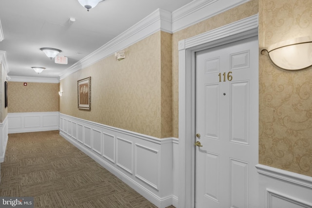 7330 Maple Ave Unit 116, Pennsauken, NJ 08109 - hall with wallpapered walls, a wainscoted wall, crown molding, and a decorative wall