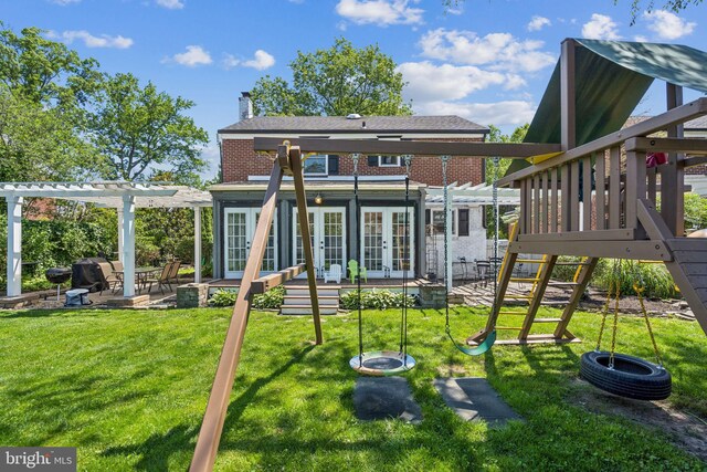 614 Radnor Ave, Haddonfield, NJ 08033 - rear view of property featuring french doors, a pergola, a patio area, and a chimney