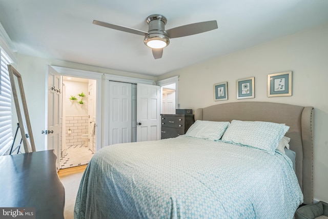 614 Radnor Ave, Haddonfield, NJ 08033 - bedroom with a closet, wood finished floors, ensuite bathroom, and a ceiling fan