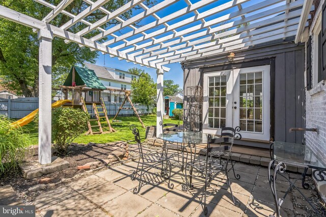 614 Radnor Ave, Haddonfield, NJ 08033 - view of patio / terrace featuring a playground, french doors, a shed, and a pergola