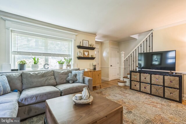 614 Radnor Ave, Haddonfield, NJ 08033 - living area with wood finished floors, stairs, and crown molding