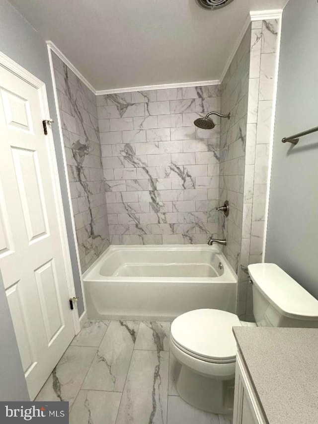 16611 Summers Ln, Brandywine, MD 20613 - full bath featuring marble look tiles, vanity, shower / tub combination, and crown molding