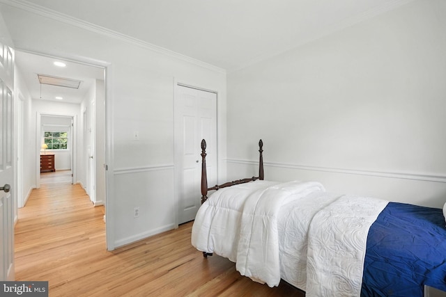 8201 Briar Creek Dr, Annandale, VA 22003 - bedroom with light wood-style floors, crown molding, attic access, and recessed lighting