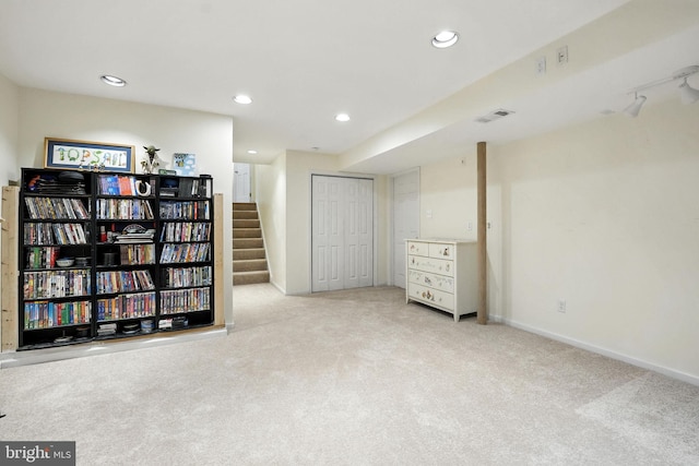 8201 Briar Creek Dr, Annandale, VA 22003 - finished below grade area with carpet, stairs, and recessed lighting