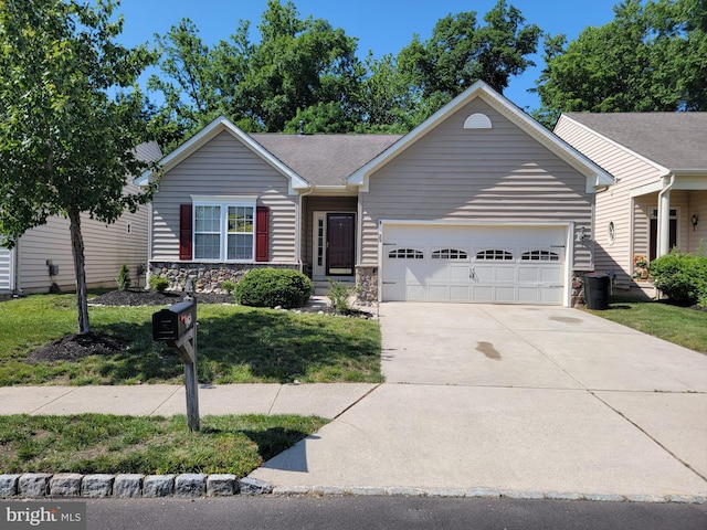 29 Hearthstone Blvd, Pemberton, NJ 08068 - ranch-style house with stone siding, an attached garage, driveway, and a front lawn
