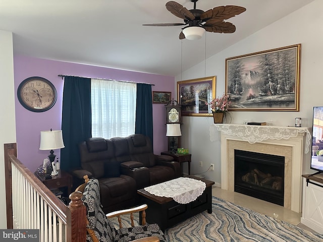 95 Buchanan Ln, Inwood, WV 25428 - living room with vaulted ceiling, ceiling fan, and a fireplace