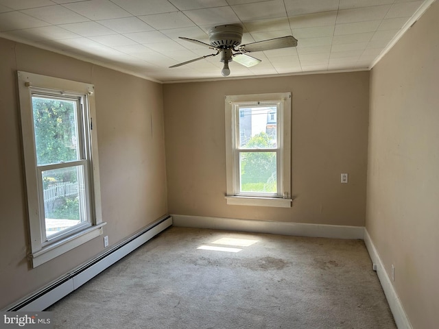 135-137 S 6th St, Shamokin, PA 17872 - unfurnished room featuring a baseboard radiator, carpet flooring, plenty of natural light, a ceiling fan, and crown molding