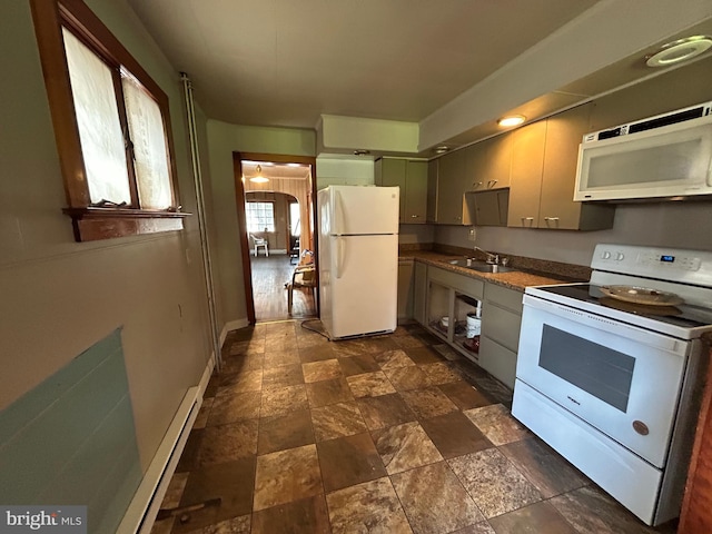 135-137 S 6th St, Shamokin, PA 17872 - kitchen with white appliances, dark stone finish flooring, arched walkways, a baseboard radiator, and dark countertops