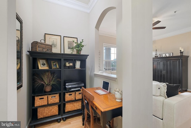 7 Booth St Unit 402, Gaithersburg, MD 20878 - office space with ornamental molding, arched walkways, wood finished floors, and a ceiling fan