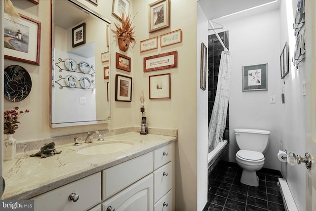 1117 S Carolina Ave SE, Washington, DC 20003 - full bath with a baseboard heating unit, vanity, tile patterned flooring, and shower / bathtub combination with curtain