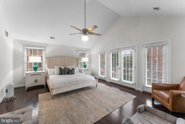 6006 New Hampshire Ave NE, Washington, DC 20011 - bedroom with access to exterior, dark wood-style floors, multiple windows, high vaulted ceiling, and ceiling fan