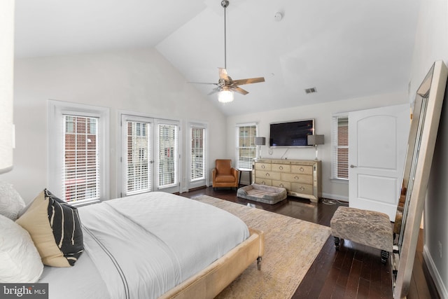 6006 New Hampshire Ave NE, Washington, DC 20011 - bedroom featuring dark wood-style flooring, high vaulted ceiling, ceiling fan, and access to outside