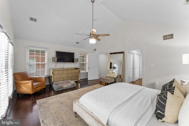 6006 New Hampshire Ave NE, Washington, DC 20011 - bedroom with high vaulted ceiling, hardwood / wood-style floors, and a ceiling fan