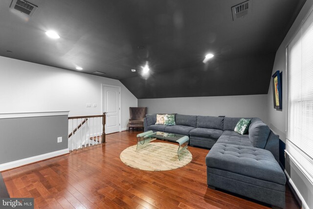 6006 New Hampshire Ave NE, Washington, DC 20011 - living area with hardwood / wood-style flooring, vaulted ceiling, and recessed lighting