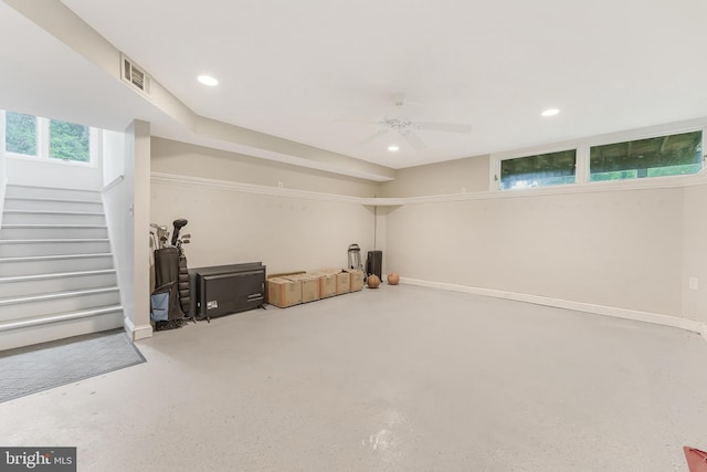 7920 Old Falls Rd, Mclean, VA 22102 - below grade area featuring stairs, a ceiling fan, and recessed lighting