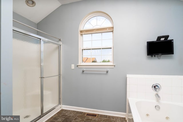 715 Dairy Dr, Middletown, DE 19709 - bathroom featuring a stall shower, a whirlpool tub, and vaulted ceiling
