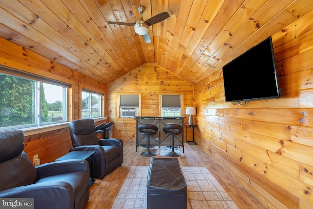 715 Dairy Dr, Middletown, DE 19709 - living area featuring lofted ceiling, wooden walls, light wood finished floors, wood ceiling, and a ceiling fan