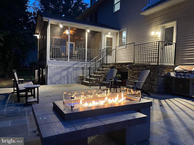 8008 Lions Crest Way, Gaithersburg, MD 20879 - view of patio with an outdoor fire pit, a sunroom, stairs, and area for grilling
