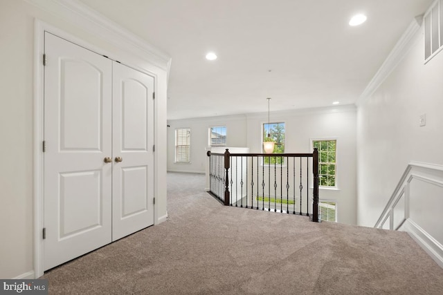 2602 Lady Grove Rd, Bowie, MD 20721 - corridor with an upstairs landing, carpet flooring, crown molding, and recessed lighting