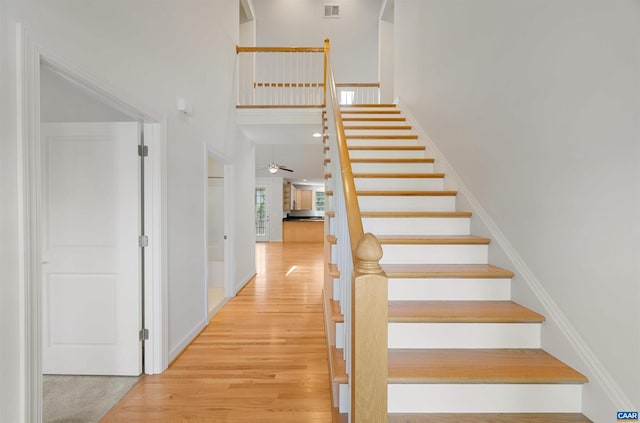 1614 Sawgrass Ct, Charlottesville, VA 22901 - stairway featuring wood finished floors, a high ceiling, and a ceiling fan