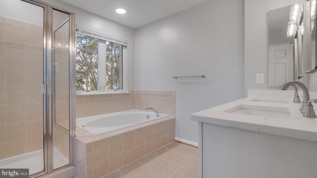 4724 Hanrahan Pl, Alexandria, VA 22309 - full bathroom with a stall shower, a bath, double vanity, tile patterned floors, and recessed lighting