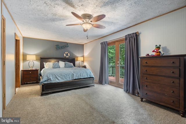 590 Vaught Dr, Front Royal, VA 22630 - carpeted bedroom featuring access to outside, crown molding, a textured ceiling, and a ceiling fan
