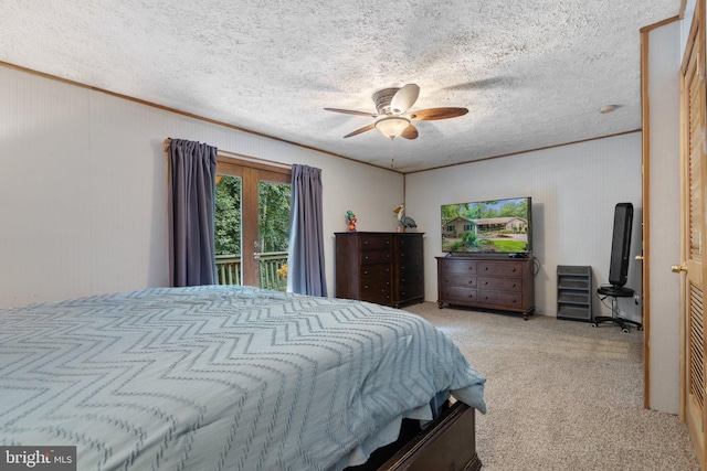 590 Vaught Dr, Front Royal, VA 22630 - bedroom with a textured ceiling, light colored carpet, ornamental molding, access to outside, and a ceiling fan