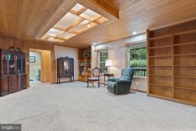 590 Vaught Dr, Front Royal, VA 22630 - sitting room with carpet flooring, wood ceiling, wooden walls, and built in shelves